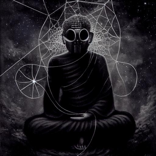 a Satanic Buddha wearing an Israeli gas mask sitting cross legged under a starry night sky with spiderweb draped across it. Character of a cosmic horror. Creative high detail dreamlike Jungian dark psychology of the Shadow --test --creative