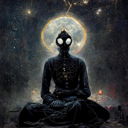 a Satanic Buddha wearing an Israeli gas mask sitting cross legged under a starry night sky with spiderweb draped across it. Character of a cosmic horror. Creative high detail dreamlike Jungian dark psychology of the Shadow