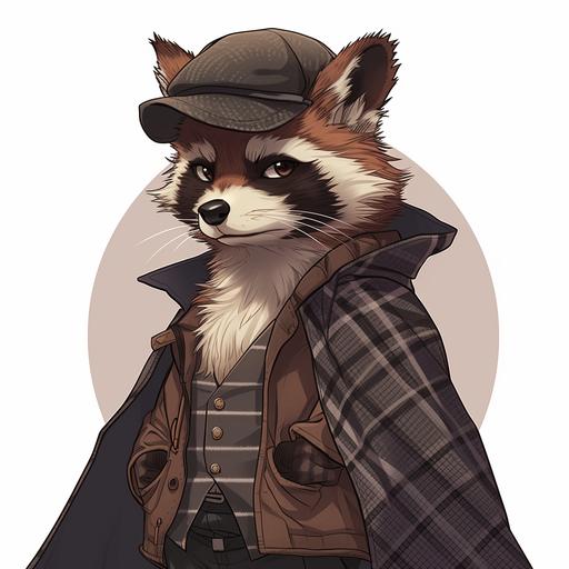a Sherlock Holmes with raccoon face, wearing a cap and cape with Scotch grid pattern, anime style fullbody character --v 6.0