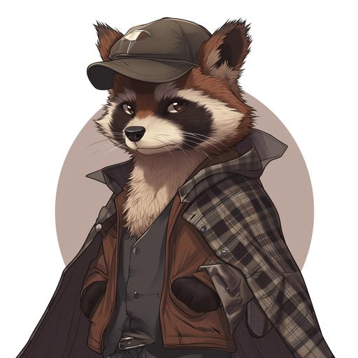 a Sherlock Holmes with raccoon face, wearing a cap and cape with Scotch grid pattern, anime style fullbody character --v 6.0