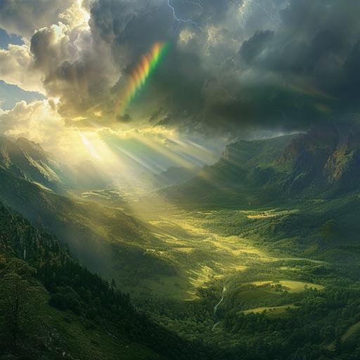a Sun made of living rainbow shines through enormous gray storm clouds onto a beautiful lush green valley --v 6.0