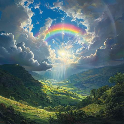 a Sun made of living rainbow shines through enormous gray storm clouds onto a beautiful lush green valley --v 6.0
