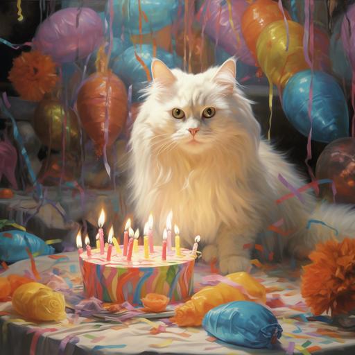 a Turkish Angora cat, celebrate birthday, surrounded by cats, impressionism style