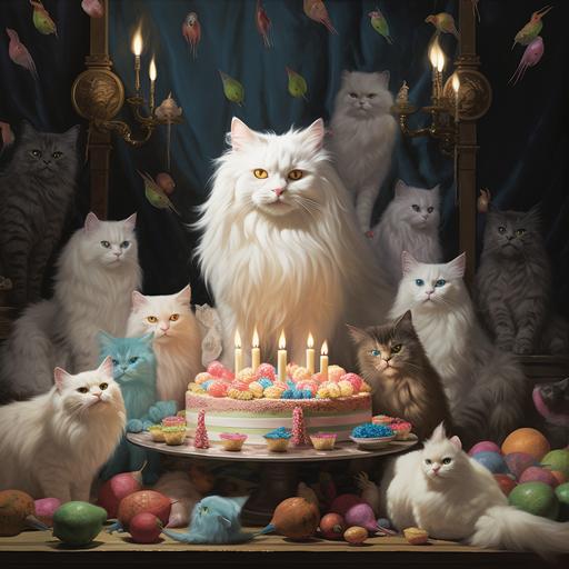 a Turkish Angora cat, celebrate birthday, surrounded by cats, in a studio, Miyazaki Hayao style