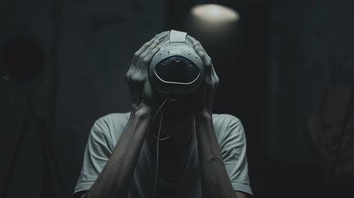 a VR headset, full mask, like an advanced grey alien mask, a man putting on the VR headset in a dark room --ar 16:9 --s 50 --v 6.0
