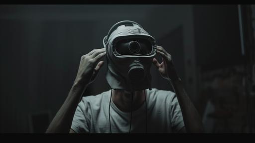 a VR headset, full mask, like an advanced grey alien mask, a man putting on the VR headset in a dark room --ar 16:9 --s 50 --v 6.0