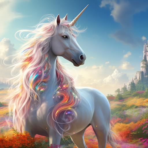a White unicorn with rainbow tail and mane, its horn is colored rainbow, with friends in a field on a sunny day --v 5.2