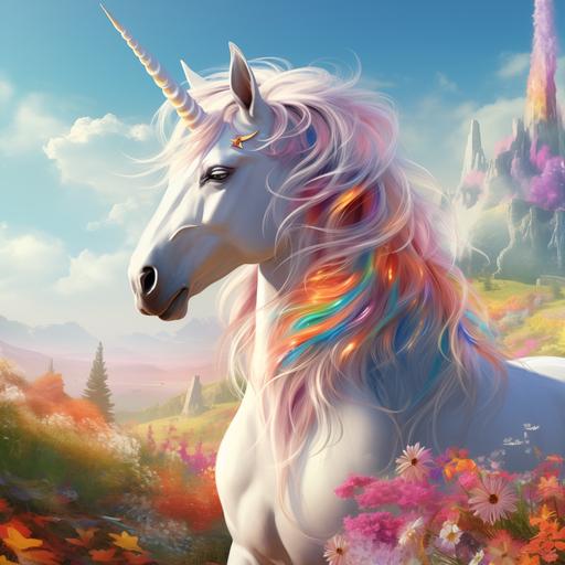a White unicorn with rainbow tail and mane, its horn is colored rainbow, with friends in a field on a sunny day --v 5.2