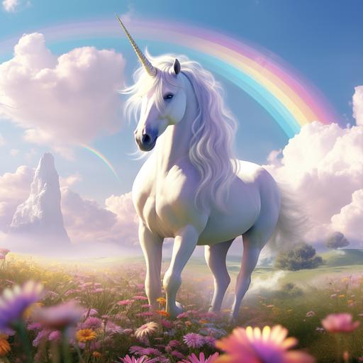 a White unicorn with rainbow tail and mane, its horn is colored rainbow, with friends in a field on a sunny day ar 16:9 --v 5.2