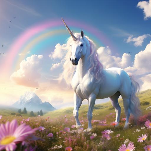 a White unicorn with rainbow tail and mane, its horn is colored rainbow, with friends in a field on a sunny day ar 16:9 --v 5.2