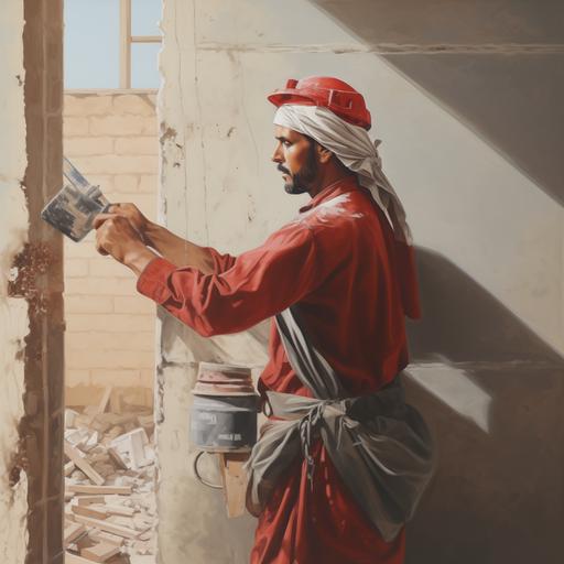 a Yemeni labor, working in under construction building, painting a wall with a red color sprayer, realistic, wearing a traditional Yemeni dress