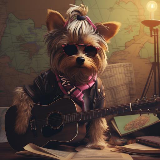 a Yorkie Dog Dressed as grunge musician looking at a map logo