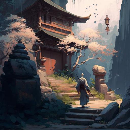 a Zen temple, with a monk walking in the garden. Use a limited color palette of cool tones to create a sense of serenity and peace. Incorporate elements of natural elements such as rocks, sand and plants to give the painting a sense of balance and harmony. Experiment with different composition techniques to give the painting a sense of depth and movement.