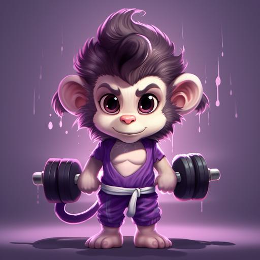 a adorable cartoon purple monkey at the gym, wearing a white sweat band on forehead, chibi, purple fur