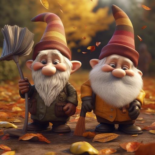 a adorable realistic 3d cartoon of two fall gnomes one joyful the other perturbed , one Asian one tan skinned African, sweeping up floating fall leaves --v 5.0 --s 750