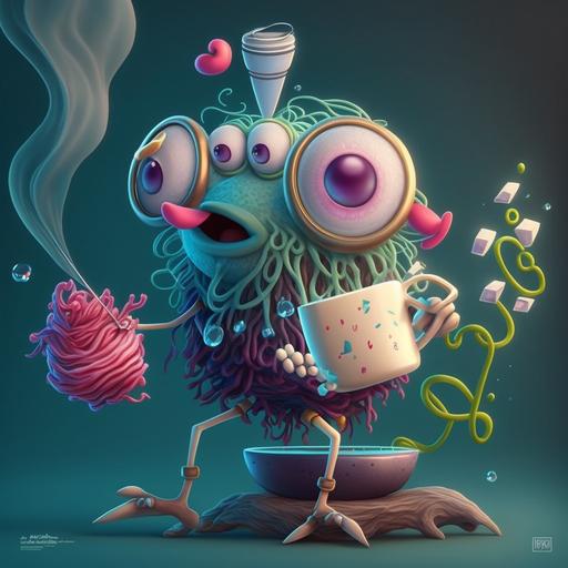 a adorable whimsical europa cartoon bacteria vaporwave monkey jumping for joy::3 Whimsical character design::4 Tags: creative, expressive, detailed, colorful, stylized anatomy, high-quality, digital art, 3D rendering, stylized, unique, award-winning, Adobe Photoshop, 3D Studio Max, V-Ray, playful, fantastical::2 plain background, simple, deformed::-2 --q 2