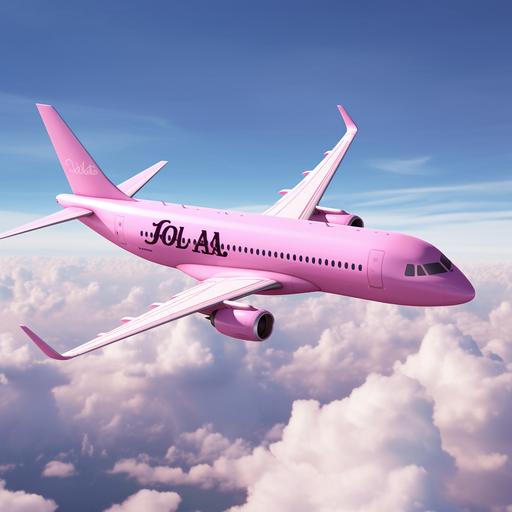 a all pink airplane in th sky with logo lola hair in photo refernce on side of the airplane