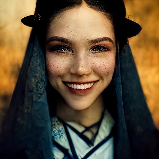 a amish beautyfull girl smile Jugendstyle close up contrast makeup face detailed photography cinematic light