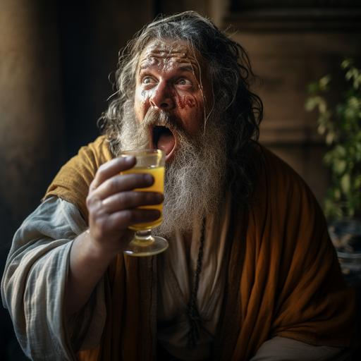 a ancient roman man bushing he teeth with light yellow water in a clear glass cup using a toothbush ,full HD, taken on a Canon EOS R5 F1. 2 ISO100 35M
