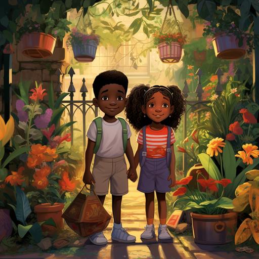 a animated dark skin boy and girl 4 years old who are twins and a dark skin slightly clumsy grandfather standing at the entrance of a colorful garden. The garden is a vibrant display of potted plants, flowers, and lush greenery.