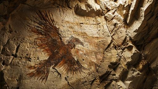 a archaeopteryx in a primitive rock paint in a prehistoric cave --ar 16:9 --style raw --v 6.0