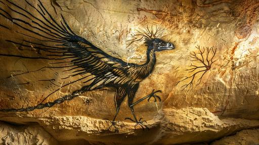 a archaeopteryx in a primitive rock paint in a prehistoric cave --ar 16:9 --style raw --v 6.0