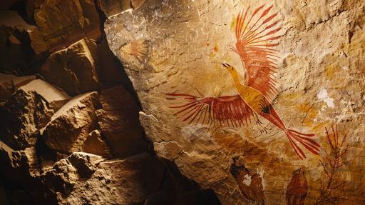 a archaeopteryx in a primitive rock paint in a prehistoric cave --ar 16:9 --style raw --v 6.0