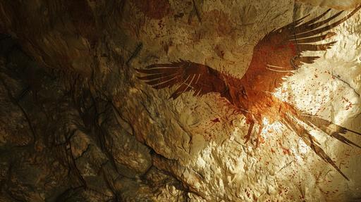 a archaeopteryx in a primitive rock paint in a prehistoric cave --ar 16:9 --style raw --v 6.0