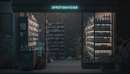 a archviz exterior shot dark cinematic pharmacy with shelves full of medication, 8k, cinematic, hasselblad --ar 16:9