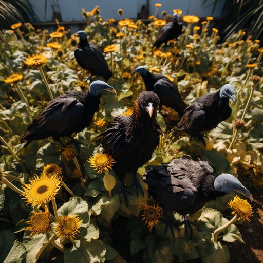a areal photography of ugly black vultures walking on a burle marx garden full of dead sunflowers, q2 , v 5.2