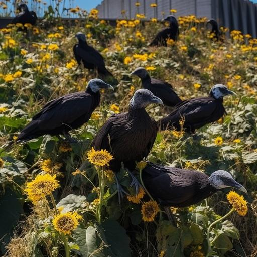 a areal photography of ugly black vultures walking on a burle marx garden full of dead sunflowers,brasilia, modern photography , niemeyer, q2 , v 5.2