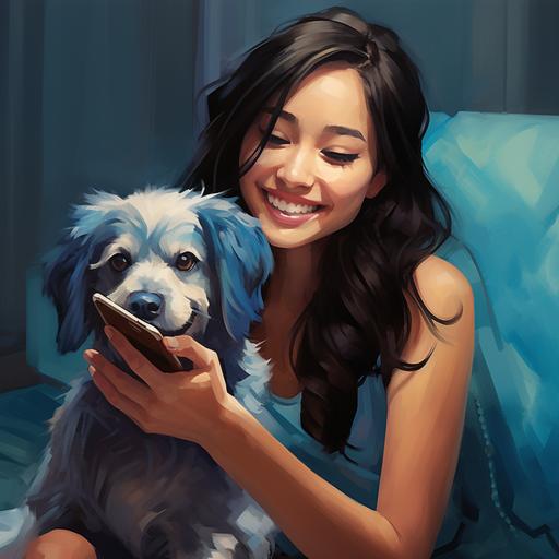 a asian girl with brownish black hair caryying her dog and her blue iphone smiling