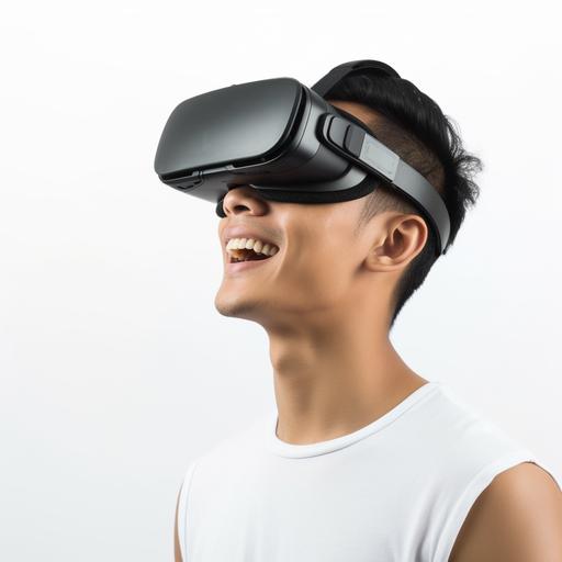 a asian guy wearing VR glass, playing and looking up, zoom in, white background, hyper realistic. ar 4:7