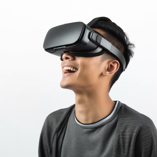 a asian guy wearing VR glass, playing and looking up, zoom in, white background, hyper realistic. ar 4:7