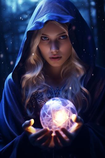 a awe-inspiring blurple nightelve magician, blonde hair, cloak with a hood, holding a glowing sphere in her hands, intense hateful gaze at you, she will defeat it with all her heart, it is midnight in fairytale forest, fireflys everywhere, moonlight, candid, imperfections, real fantasy artwork, high detailed, 4K, --ar 2:3
