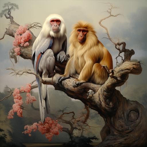a baboon and a proboscis monkey both sitting in a tree.