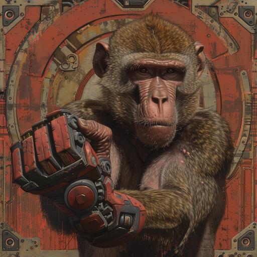 a baboon with a metal fist and a red metal behind --v 6.0