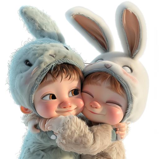 a baby boy in a calf hat and a baby girl in a bunny hat huddle together and make faces at the camera, Portrait, cartoon, IP character, Pixar style, blind box style, super realism, white background, exquisite 3D rendering, 4K, Blender, C4D, octane rendering --v 6.0