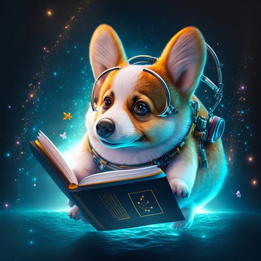 a baby corgi robot in astronaut suit floating in space reading neon book with black galaxy as background, Anastasia Suvorova