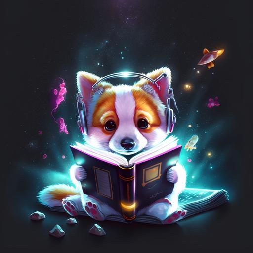 a baby corgi robot in astronaut suit floating in space reading neon book with black galaxy as background, Anastasia Suvorova