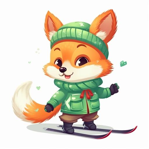 a baby fox with green jersey skiing on the snow, style cartoon --v 5.0