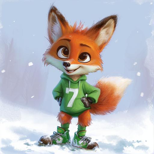 a baby fox with green jersey with soccer boots on the snow, style cartoon Disney --v 6.0