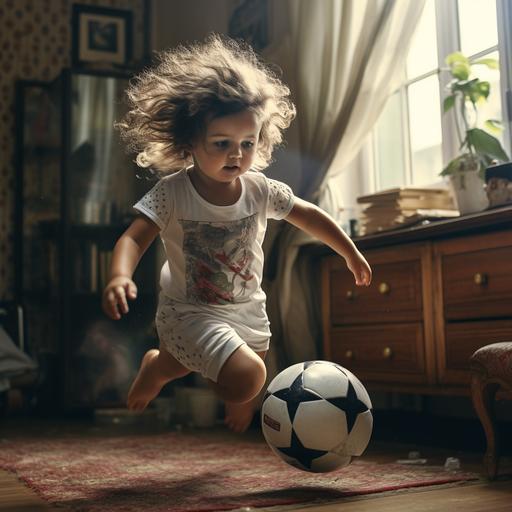 a baby girl plays football in home