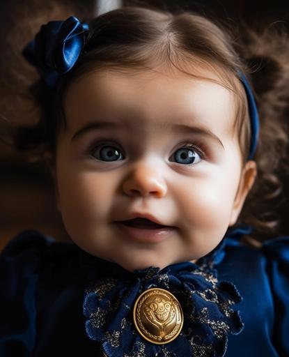 a baby wearing a blue shirt and blue dylan pacifier, in the style of dark black and gold, handcrafted beauty, exaggerated facial features, princesscore, nautical charm, velvia, smilecore --ar 93:115 --q 2 --upbeta --s 750 --v 5