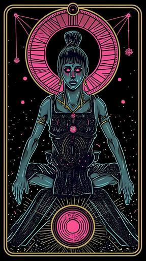 a back of a Tarot card, symmetrical, pattern, inked illustration, intricate detailed, golden ornaments, magical atmosphere::1 a black Tarot card, symmetrical, pattern, inked illustration, intricate detailed, neon pink ornaments, magical atmosphere::2 the geometric goddess of Death, black light psychedelic style gloomcore illustration by Marc Simonetti , Mike Mignola, Giger and Satoshi Kon::3 2D gouache vaporwave + sovietwave + glitchcore illustration, portrait::2.5 junglepunk + fractalpunk cthulhu summoning portal, infinite fractal mandala::2.55 glowing neon techcore symbols + glowing occult symbols, lovecraftian horror, inspired by josan gonzalez, the NeverEnding Story and Stranger Things::2.9 --ar 9:16 --chaos 17.65322 --v 6.0 --s 750 --w 200