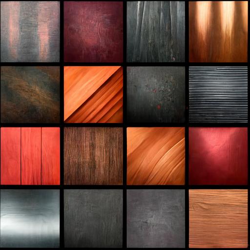 a background of copper sheet, black metal sheet, steel sheet, aluminium sheet, oak wood, birch wood, red wood, grey ash wood, red metal, grey metal sheet, all the same size in a square formation, v4