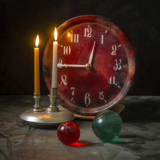 a backwards clock and an abstract candle flame old rubies and young jasper --v 5