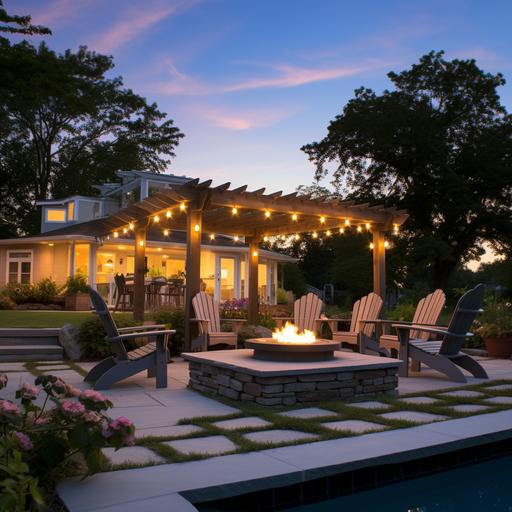 a backyard with a pergola with lights, a fire pit, chairs surrounding the fire pit, an inground pool, daytime, bright sun.