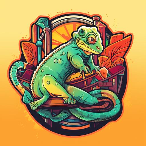 a badge for a conference with a chameleon riding a roller coaster