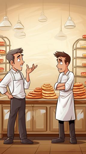 a baker asking the customer a question, friendly cartoon style --ar 9:16